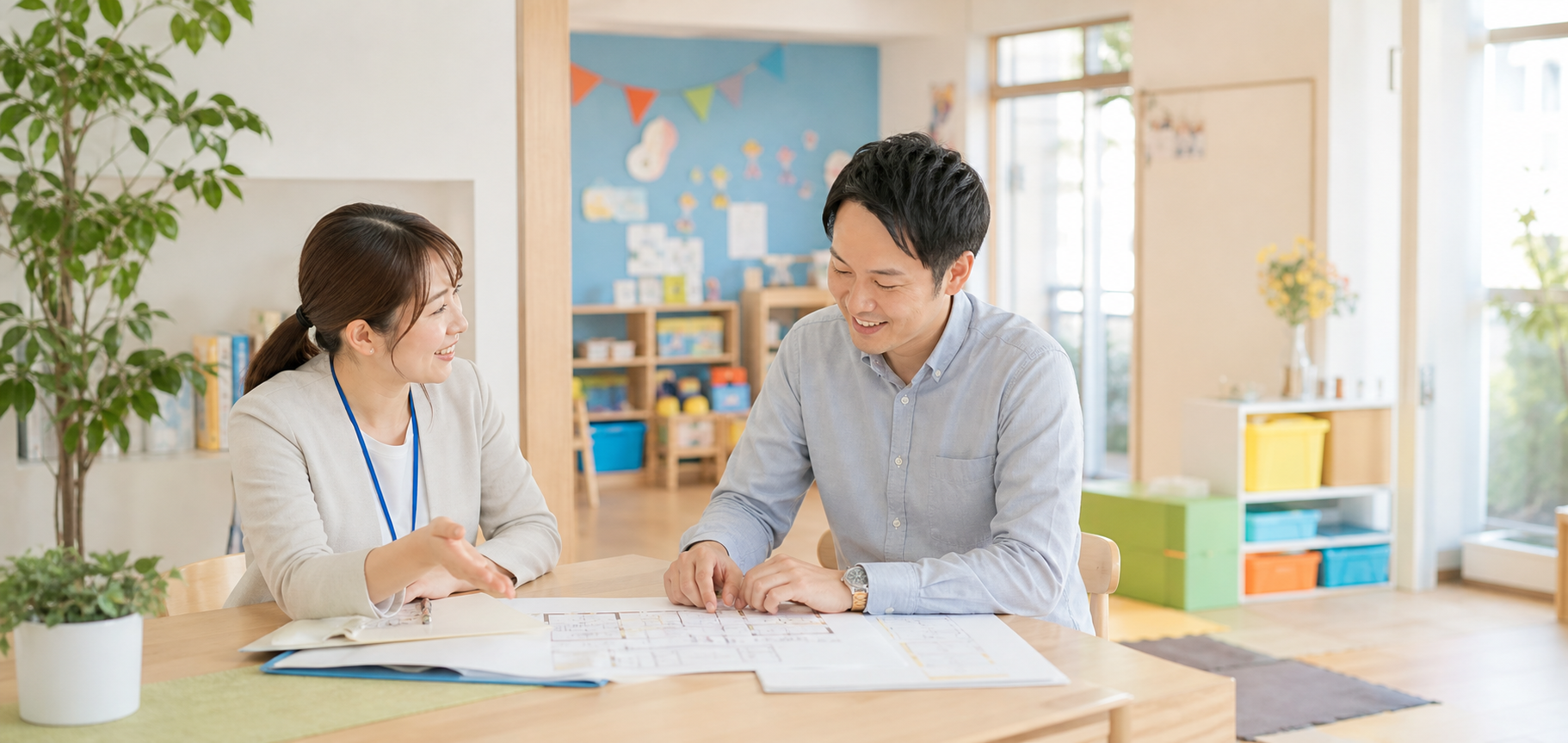 明るい療育室で開設と運営について相談する様子