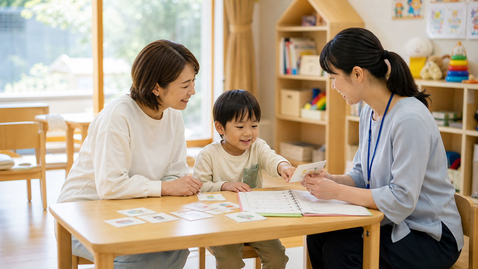明るい療育室で子どもの様子を話す保護者と支援員