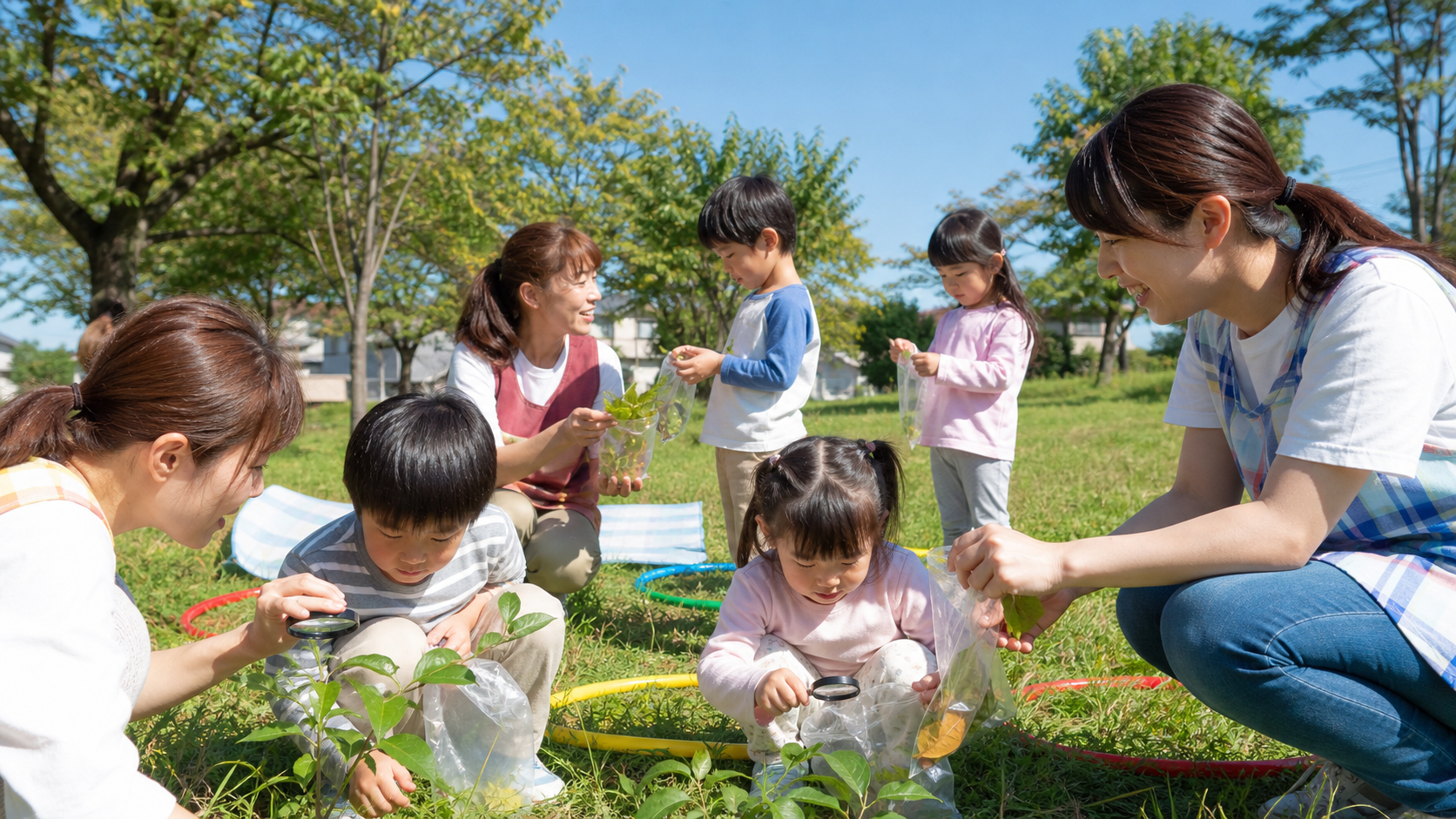 公園で葉や植物を観察しながら笑顔で活動する子どもと支援員