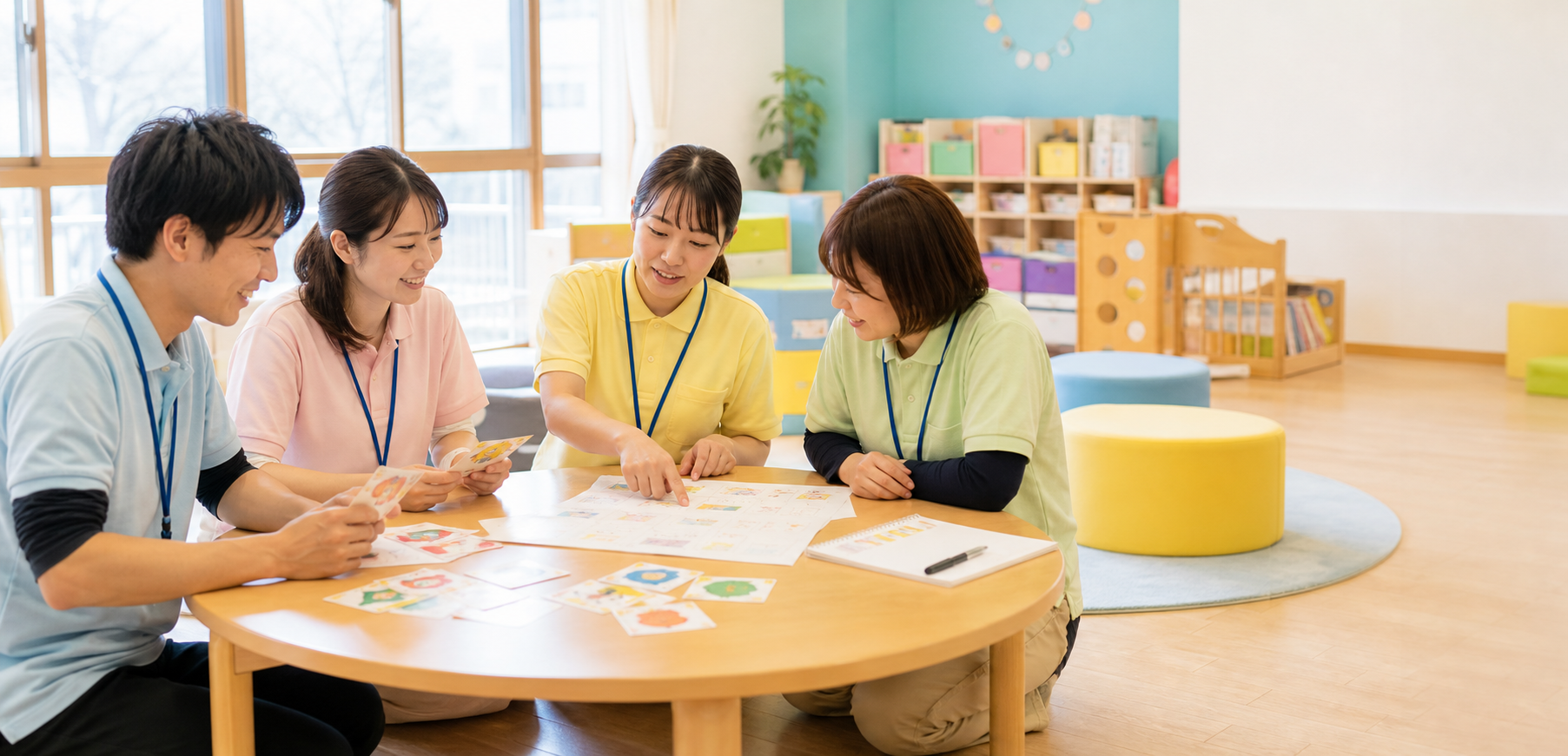 カラフルな教材を囲んで支援を振り返る職員チーム