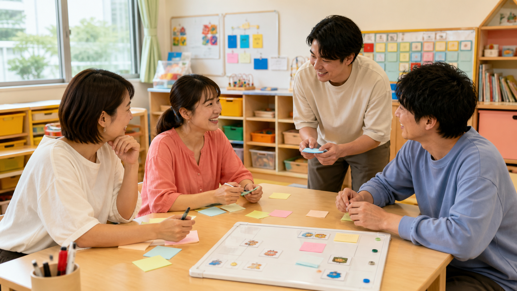 明るい教室で支援のアイデアを話し合うスタッフ