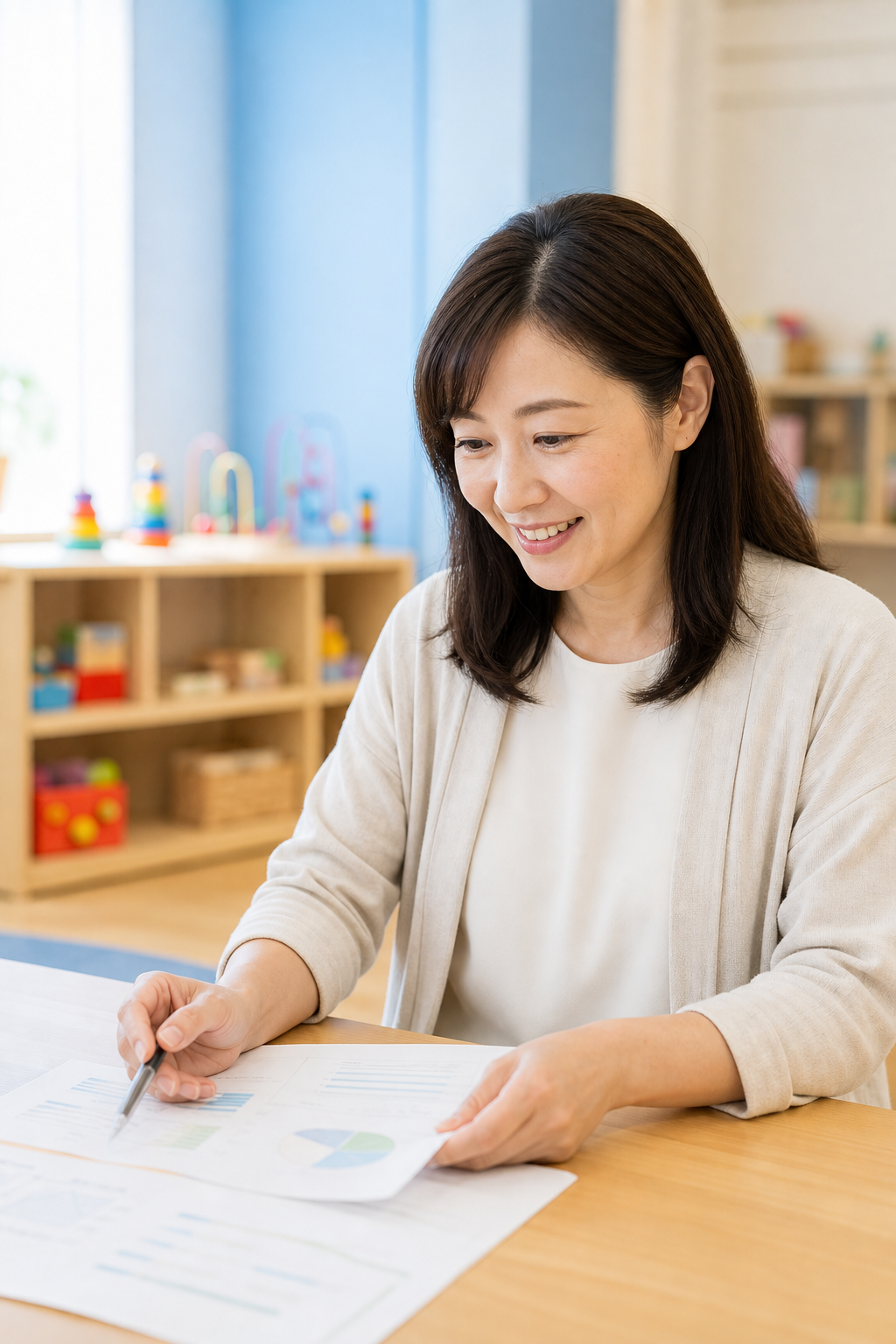 明るい療育室で支援計画を一緒に整理する女性スタッフ
